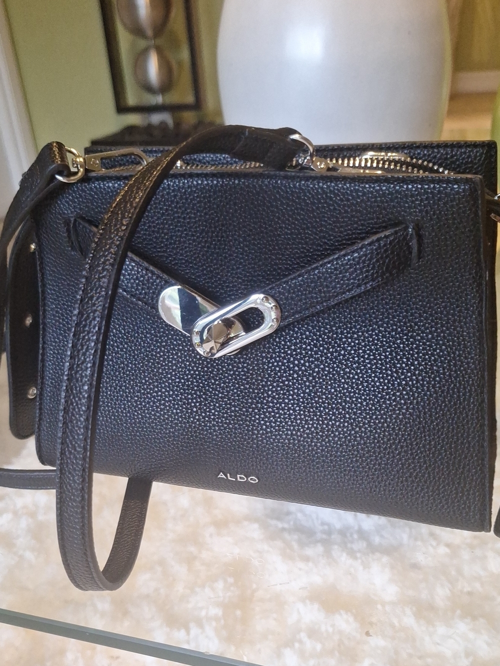 ALDO Black Pebbled Crossbody Bag with Silver Accent
